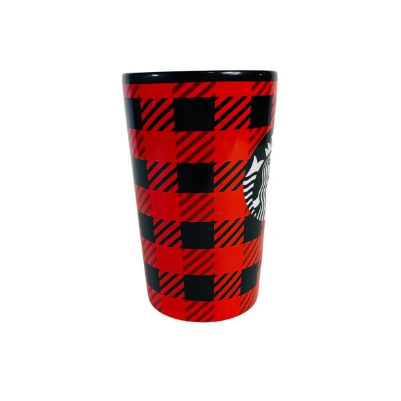 Starbucks Buffalo Plaid Coffee Mug Tall Red Black Checked Ceramic Tumbler 16 Oz - Picture 4 of 12